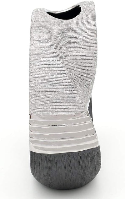 Dekohelden24 Edle Moderne Deko Designer Keramik Vase rund geschwungen mit Loch in Silber-grau, 23 cm