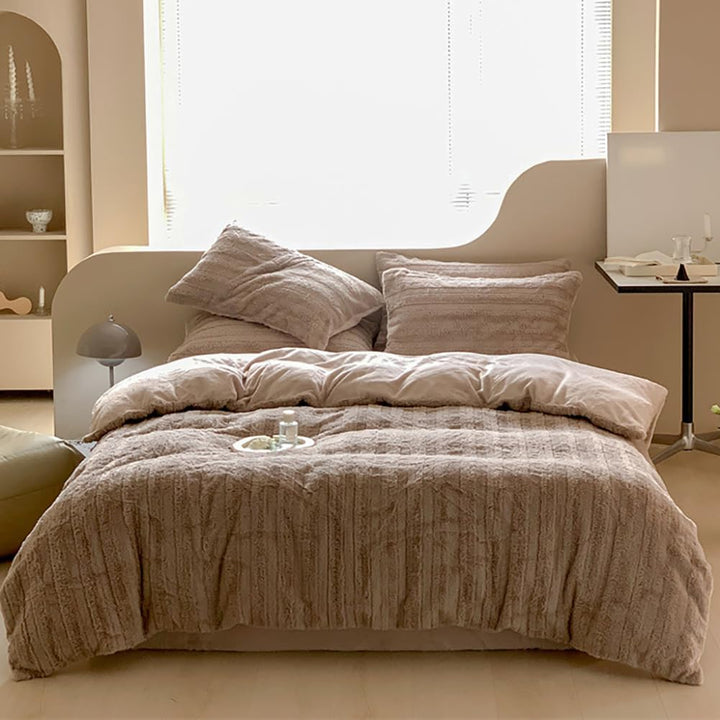 Plüsch Bettwäsche 135x200 4teilig Braun Winter Warme Flauschig Cashmere Touch Bettbezug Teddy Fleece
