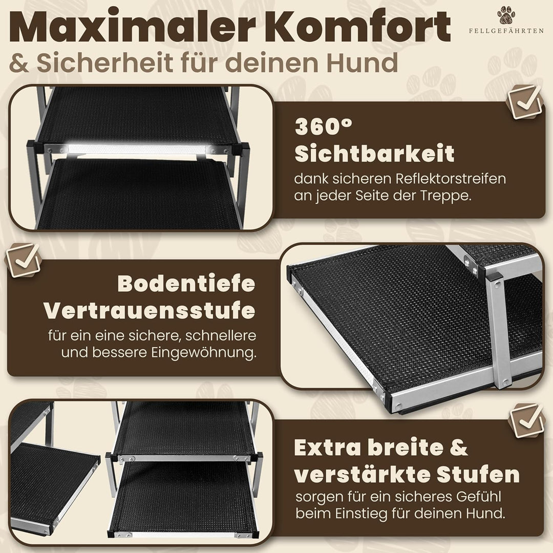 Hundetreppe Auto klappbar – stabile, rutschfeste Einstiegshilfe für grosse Hunde mit Reflektoren, in