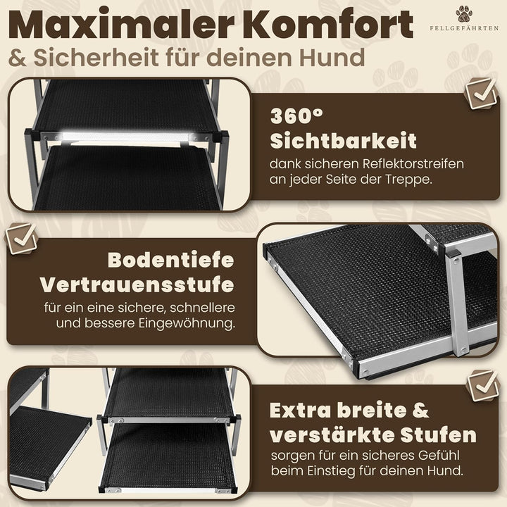 Hundetreppe Auto klappbar – stabile, rutschfeste Einstiegshilfe für grosse Hunde mit Reflektoren, in