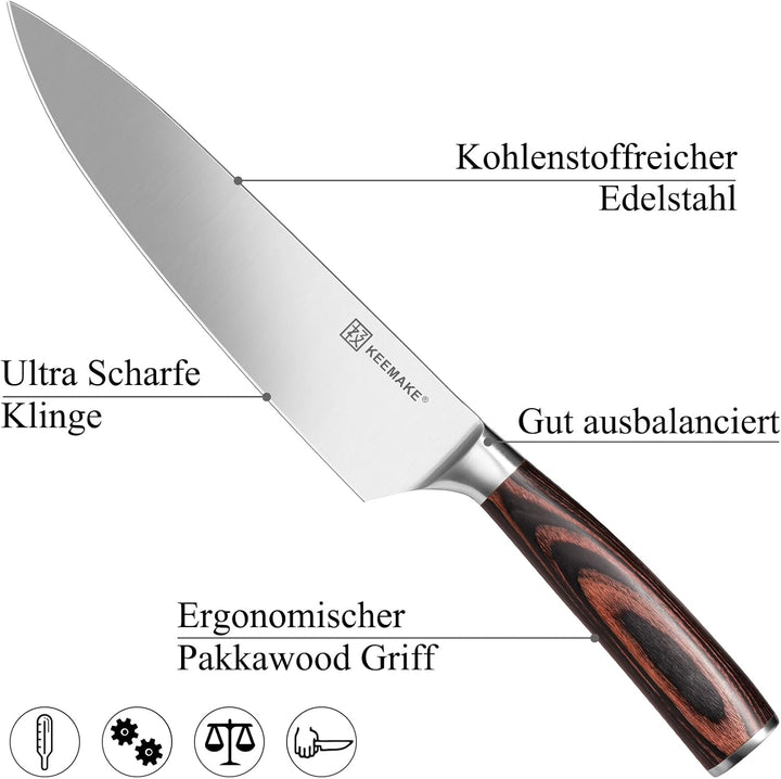 KEEMAKE Messerset Küche 3 teilig, Scharfe Messer Set mit 8-18cm Klingen gefertigt aus hochwertigem E