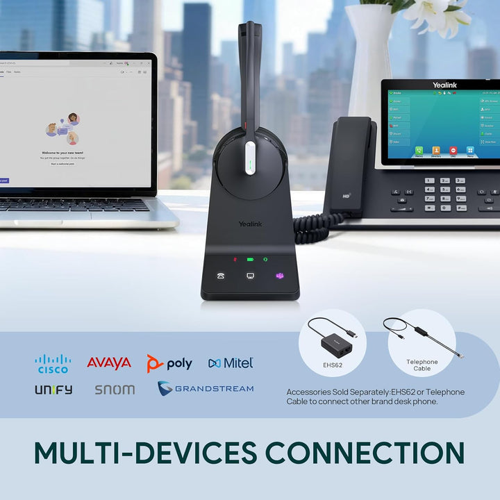 Yealink WH64 Wireless Headset mit Mikrofon,185 m Reichweite DECT & Bluetooth Mono Kabelloses Headset