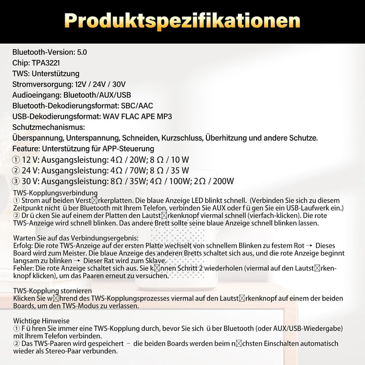 5.0 Bluetooth Verstärker Board Modul, 200W Subwoofer Amplifier HiFi Mono Digital Stereo Audioverstär