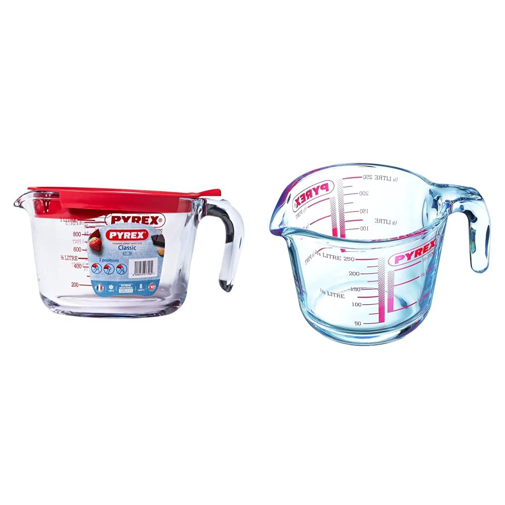 Messbecher 1l mit Deckel & Classic Ultrabeständiger Messbecher aus Glas, Transparent, 0,25 l Bundle
