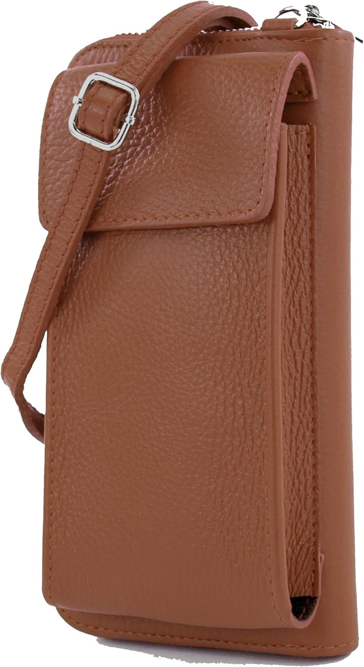 modamoda de - P06 - ital. Damen Umhängetasche Geldbörse Handytasche Leder Cognac, Cognac