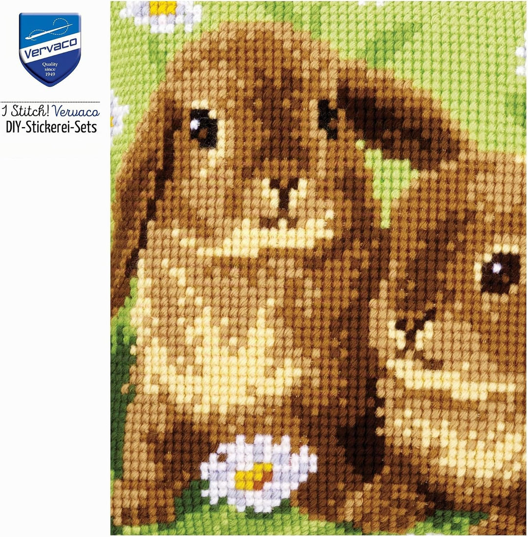 Vervaco Kreuzstichkissen 2 Kaninchen Kreuzstickpackung vorgedruckt, Stramin, weiss, 40 x 40 x 0,3 cm