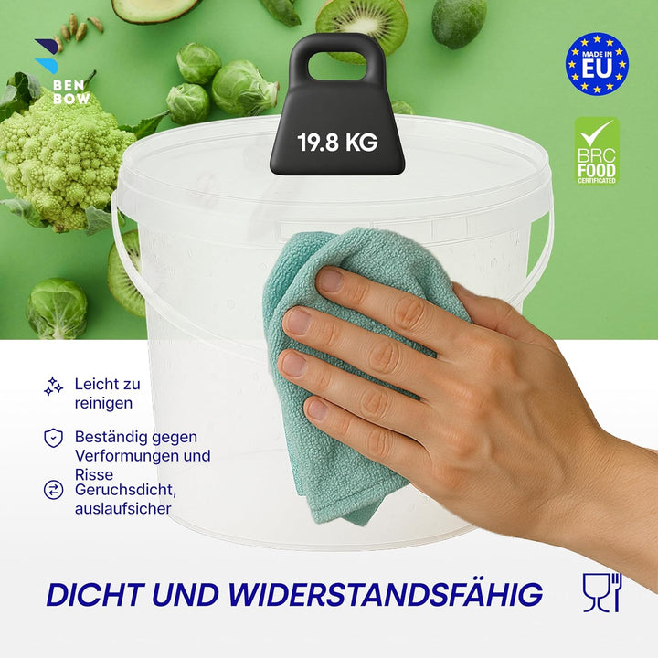 BenBow Eimer mit Deckel 5l transparent 100x 5 Liter - lebensmittelecht, stabil, luftdicht - Plastike