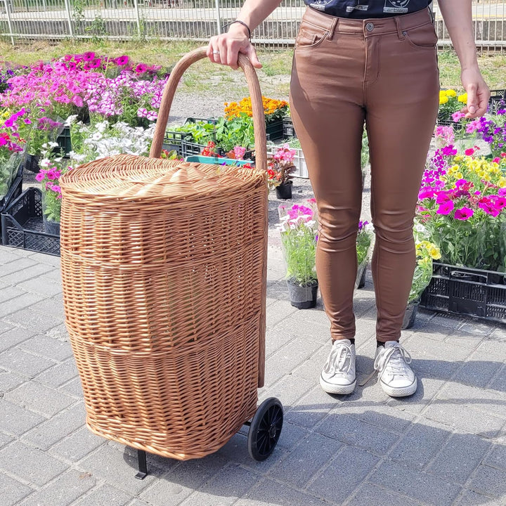 WEECO Einkaufstrolley mit Deckel, Transportkorb mit Rollen, Marktwagen, Holzkorb, Einkaufswagen aus