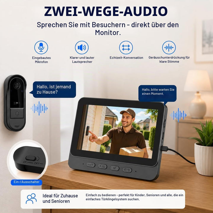 Winnes Kabellose Türklingel mit Kamera, Videotelefon, Bluetooth, mit IPS-Display von 4,3 Zoll, kabel