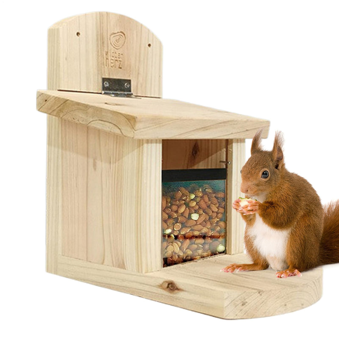 Nussfutterstation für Hinterhof, Holz, Wildtierunterstand, erhöhtes Essdeck mit Schutzhülle, Zubehör