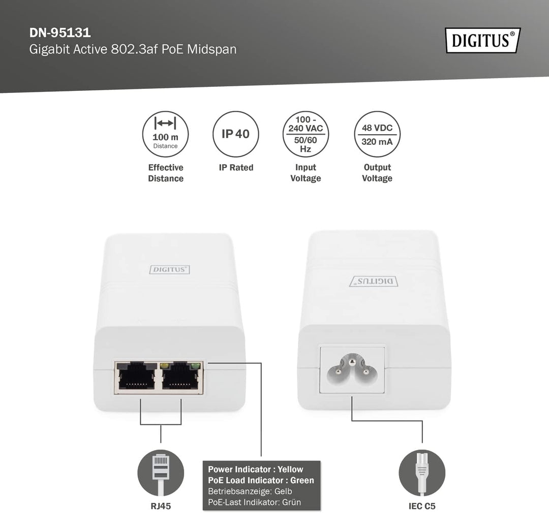 DIGITUS Gigabit Ethernet PoE Injektor, 802.3af, Weiss 802.3af, 15,4 W kleines Gehäuse, Weiss 1 Gbit/