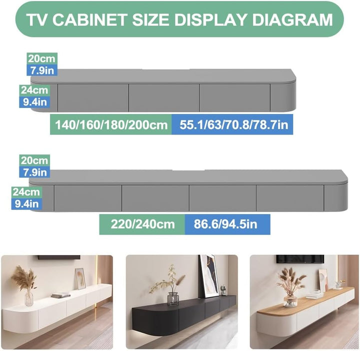 Schwebender TV-Schrank mit Schubladen und Tür, an der Wand befestigte Holz-Medienkonsole, TV-Speiche