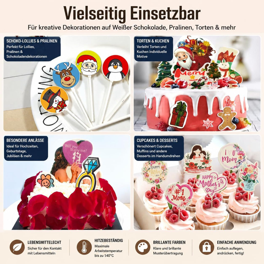 Sotek Essbare Schokoladen Transferfolie A4, 25 Blatt (21 x 29,7 cm), Transferpapier für weisse Schok