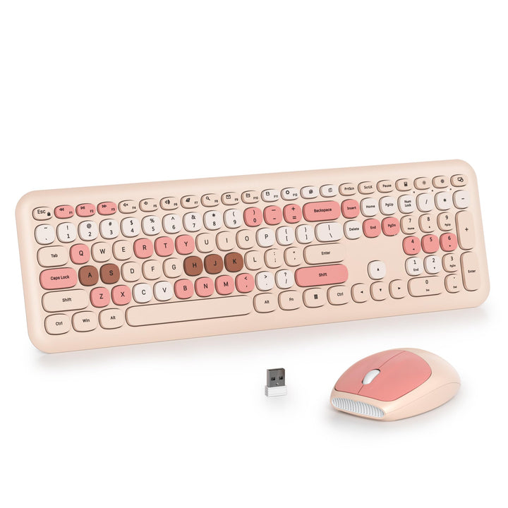 Tastatur und Maus Kabellos, Retro Bunt Tastatur Funktastatur mit Stille Mouse Amerikanisch QWERTY, C