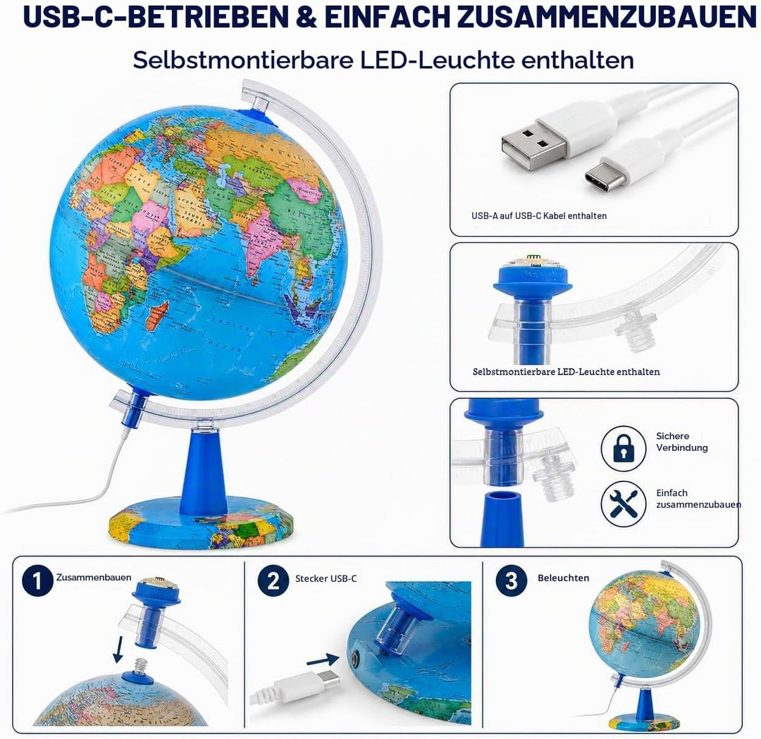 TOPGLOBE 30cm Leuchtglobus - Englische Karte - Schülerglobus Moderne Politische Weltkugel – pädagogi