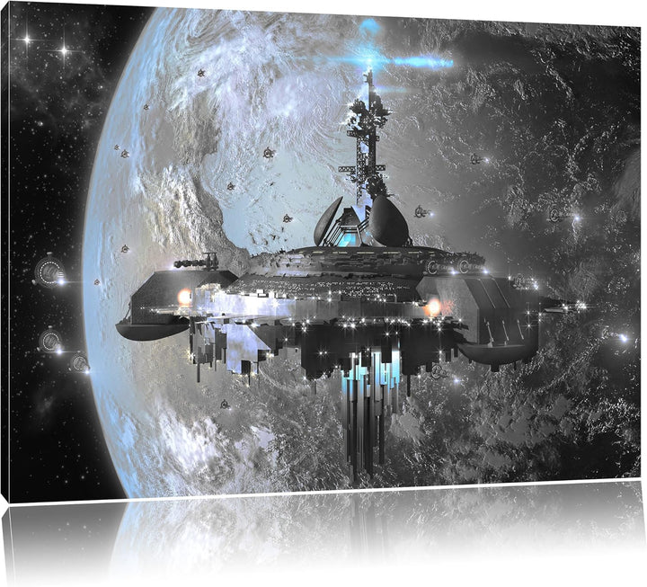 Pixxprint Raumschiff vor der Erde als Leinwandbild/Grösse: 100x70 cm/Wandbild/Kunstdruck/fertig besp