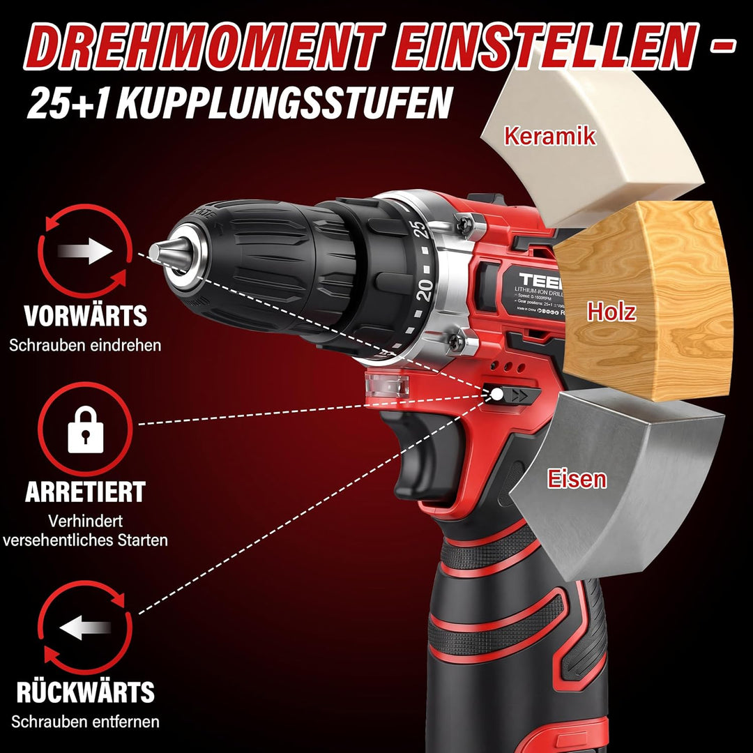 TEENO 16,8 V Akku-Schlagbohrschrauber & Winkelschleifer Set, 25+1 Drehmomentstufen (45 Nm), 19500 U/