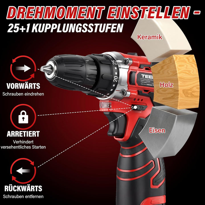 TEENO 16,8 V Akku-Schlagbohrschrauber & Winkelschleifer Set, 25+1 Drehmomentstufen (45 Nm), 19500 U/