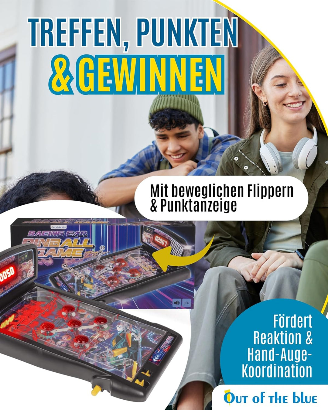 Out of the blue Rennwagen Pinball-Spiel 43 x 25,5 x 17 cm - Klassisches Flipper-Spiel im Racing-Desi