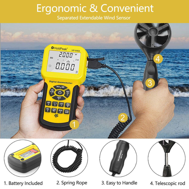 Holdpeak 826 A Anemometer, digital, Windgeschwindigkeit/Temperaturmessgerät mit Datenlogger-Funktion