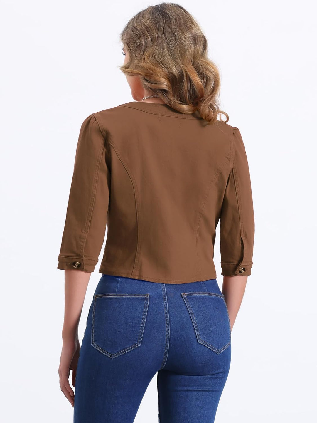 Allegra K Damen Jeansjacke 3/4 Ärmel Open Front Kragenlos Jacke mit Taschen XS Braun