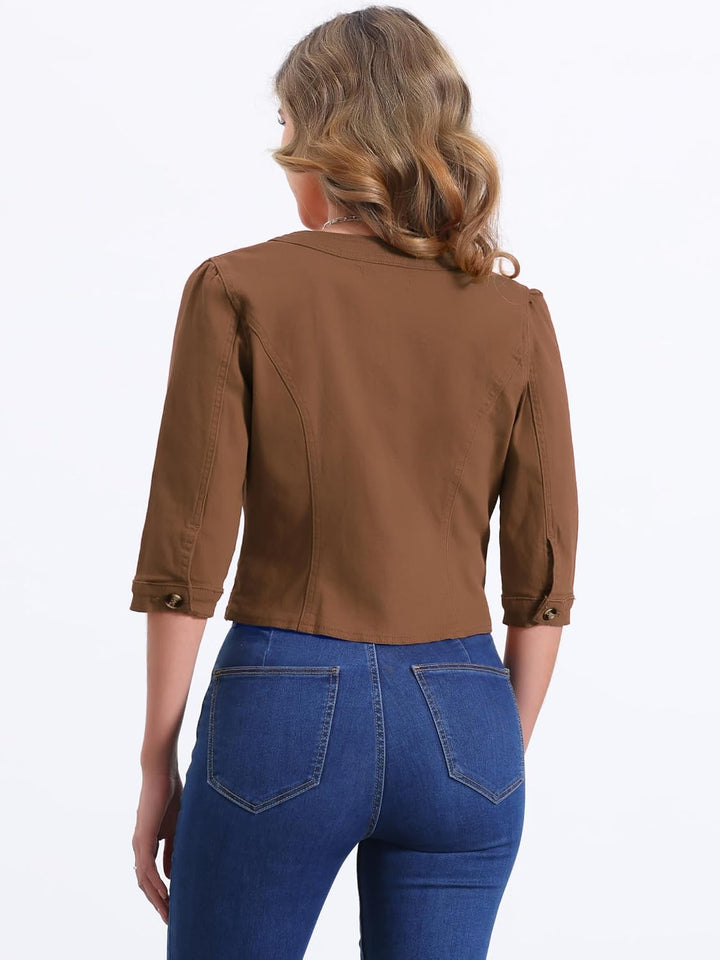 Allegra K Damen Jeansjacke 3/4 Ärmel Open Front Kragenlos Jacke mit Taschen XS Braun