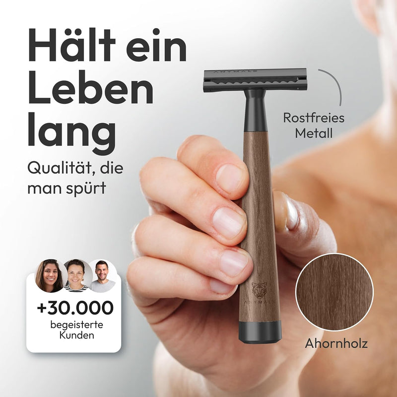 ANYMALE® Rasierhobel aus Walnussholz - inklusive 5 ASTRA Klingen - Plastikfreier Rasierer für Damen