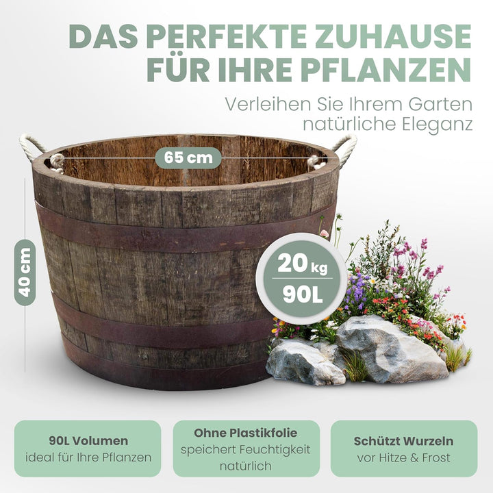 Temesso Halbes Fass aus einem originalen schottischen Whiskyfass (Natur - mit Schlaufen + Rollen + A