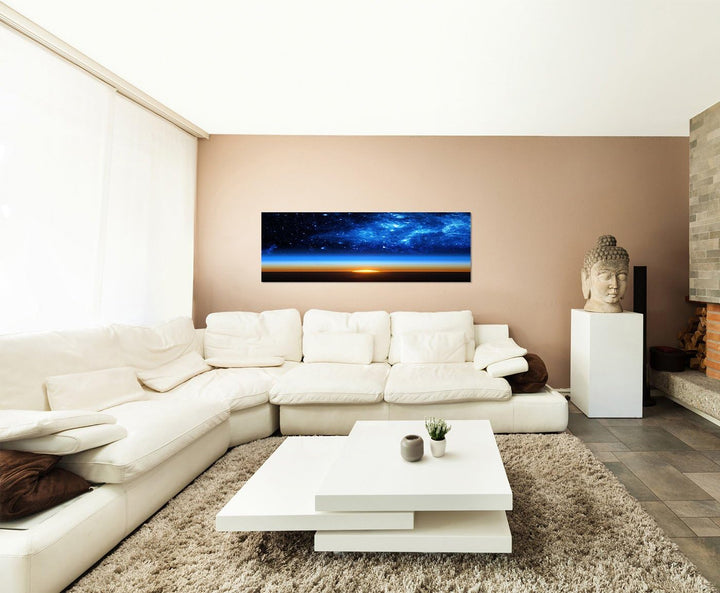 Wandbild auf Leinwand als Panorama in 150x50cm Erde Weltall Galaxie Sterne