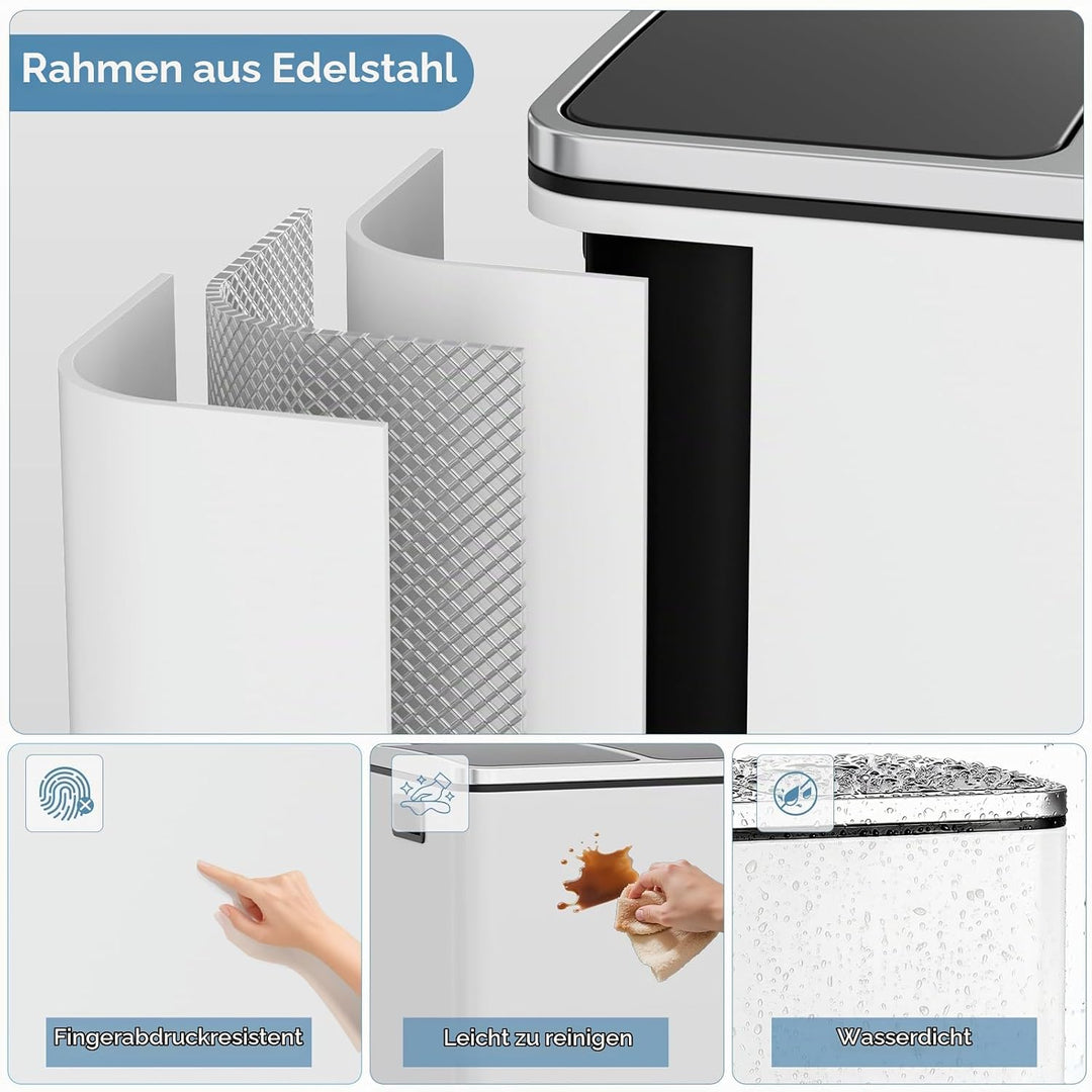 Clevich Mülleimer Küche 2 x 15 Liter, Mülltrennsystem 2 Fächer 30L für Recycling und Abfall, Treteim