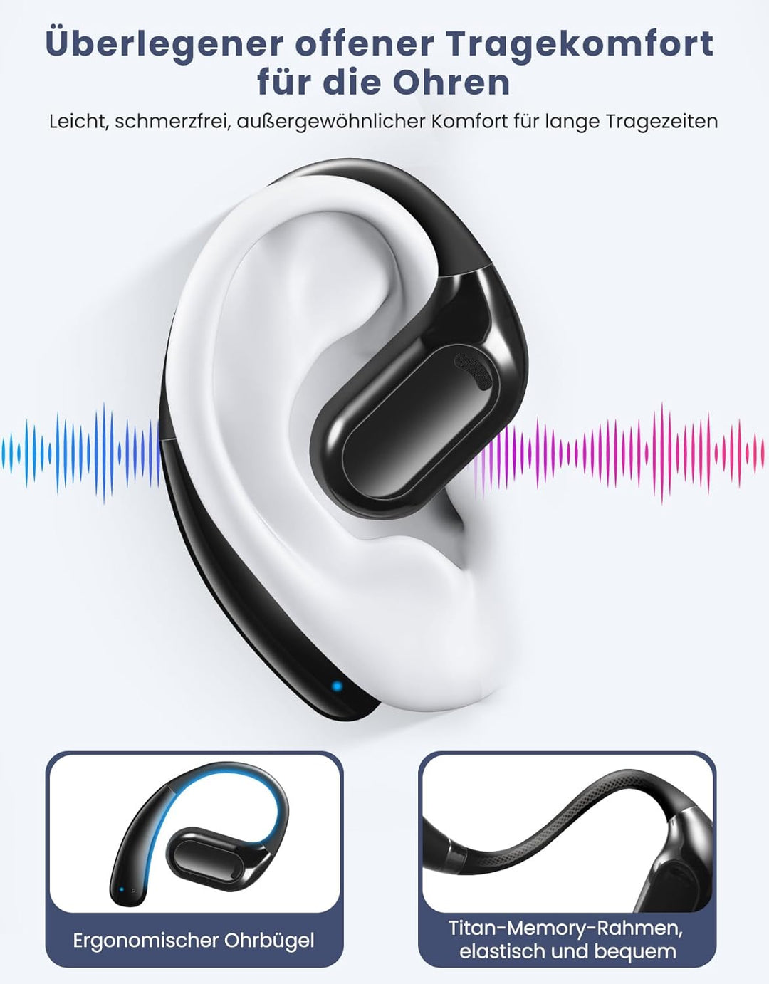 Open Ear Kopfhörer Bluetooth, 70 Stunden Wiedergabe, leicht und bequem, Ladeetui, klare Anrufe, Fest