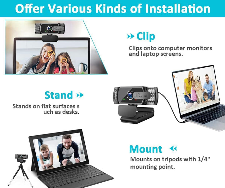 Full HD1080P Webcam mit Mikrofon und Stativ, Automatischer Lichtkorrektur, Neefeaer USB PC Webcam mi