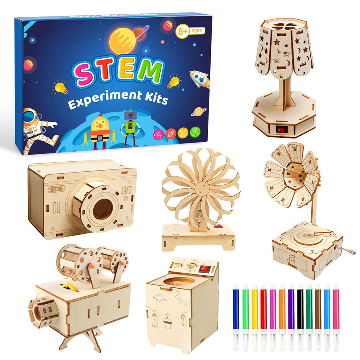 6 Stück Experimente für Kinder ab 8+ Holzbausatz Kinder Experimentierkasten | STEM Elektronik Baukas