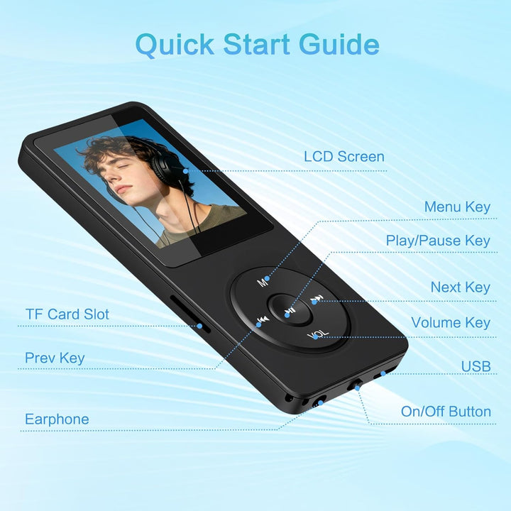 32GB MP3 Player Bluetooth 5.1 mit Lautsprecher, mit 1,8" TFT-Farbbildschirm, Kopfhörer, MP3 Player M