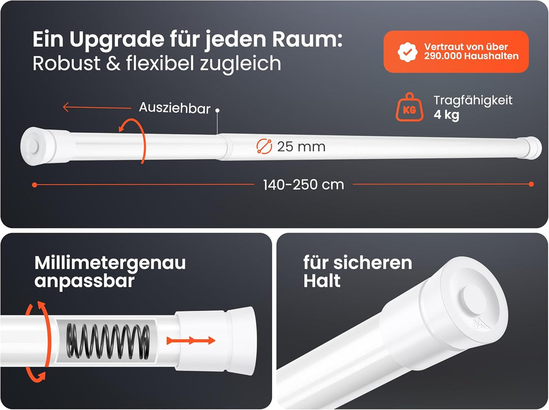 Teleskopstange Vorhang 140-250cm - Gardinenstange ohne Bohren - Weiss - Vorhangstange Klemmstange -