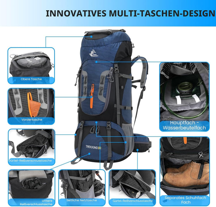 Bseash 80L Wasserdichter Wanderrucksack mit Regenschutz, leichter Outdoor-Sport, Reisen, Tagesrucksa
