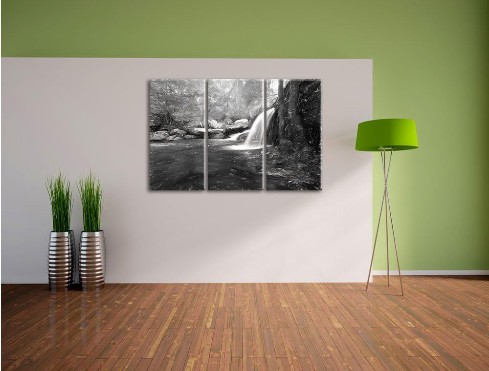 Pixxprint Wasserfall im Wald / 3-Teilig/Gesamtmass 120cm Leinwandbild bespannt auf Holzrahmen/Wandbi