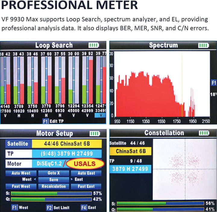 VF9930 Max Sat Finder HVEC 10bit, Satelliten Finder mit Bildschirm 4,3" LCD und TV DVB-S2/S/T2/T/C E