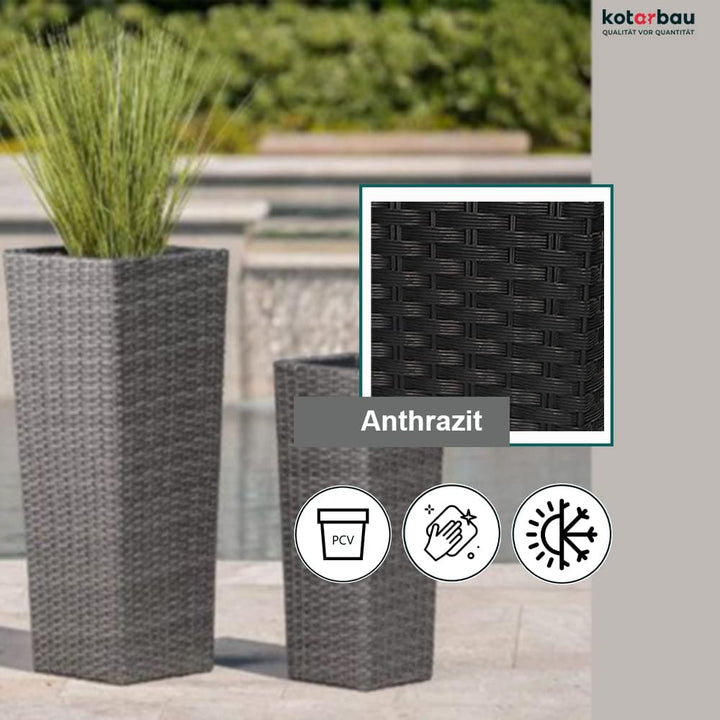 KOTARBAU® Blumentopf 200x200x376mm Rattandesign Quadratisch mit Innentopf Anthrazit, 200x200x376mm