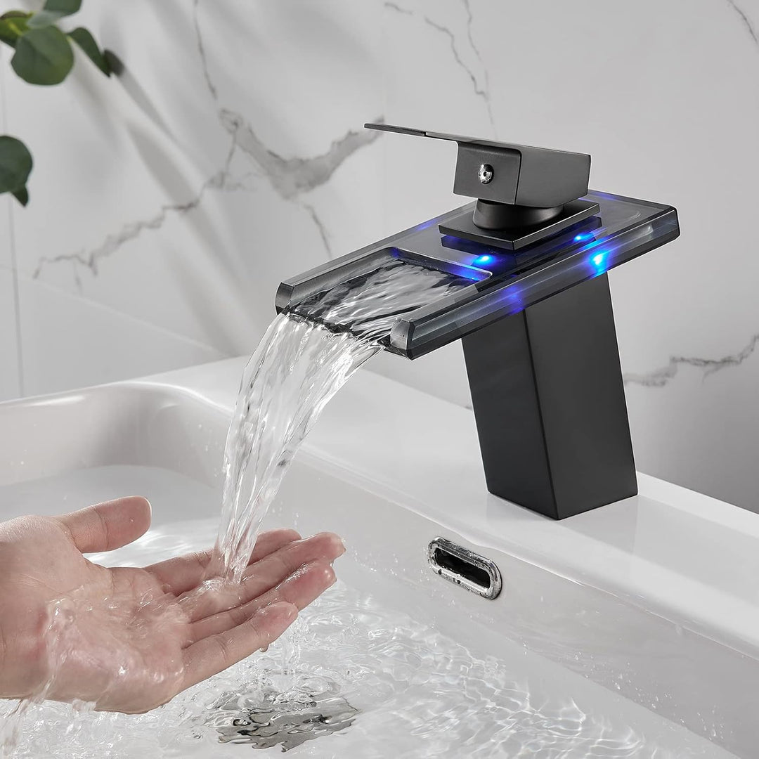 KEOKBON LED Lichter Bad Wasserhahn Schwarz, Farbtemperatur Wasserfall Waschtischarmatur, Waschtischb