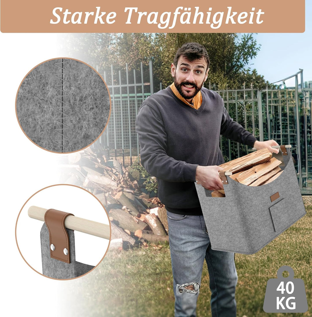 FIVMEN 2X Filztasche für Kaminholz Brennholz Faltbar mit Extra Dicker Filz und Verstärkter Holzgriff