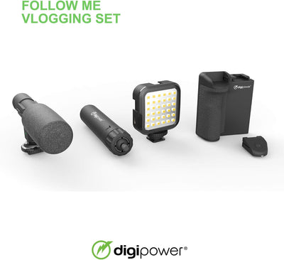 DigiPower Vlogging Set Follow me mit LED-Videoleuchte + Mikrofon + Kameragriff mit Handy Halterung +