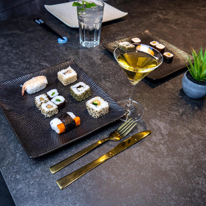 INTIRILIFE 6x Sushi Platte Servier Teller aus Porzellan in Schwarz - 26 x 23.4 x 3.8 cm - Japanische