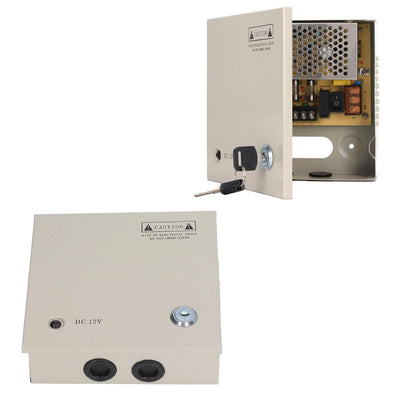 4-Kanal-12-V-Netzteilbox, CCTV-Netzteil mit Metallbox und Schloss für Überwachungskameras, DVRs, IP-
