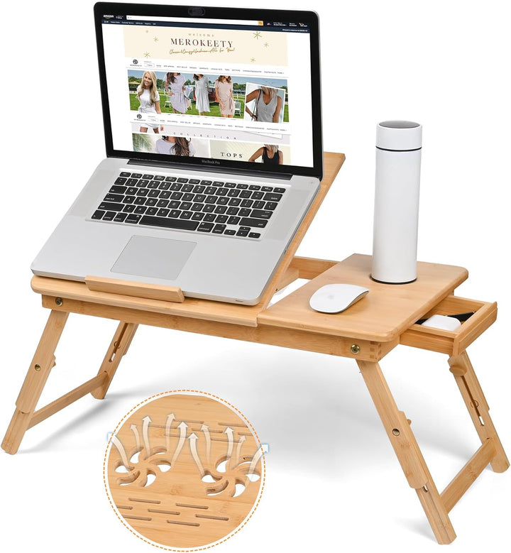 VASMIA Bambus Laptoptisch für Bett und Couch, Klapptisch, Frühstück Serviertablett mit klappbaren Be