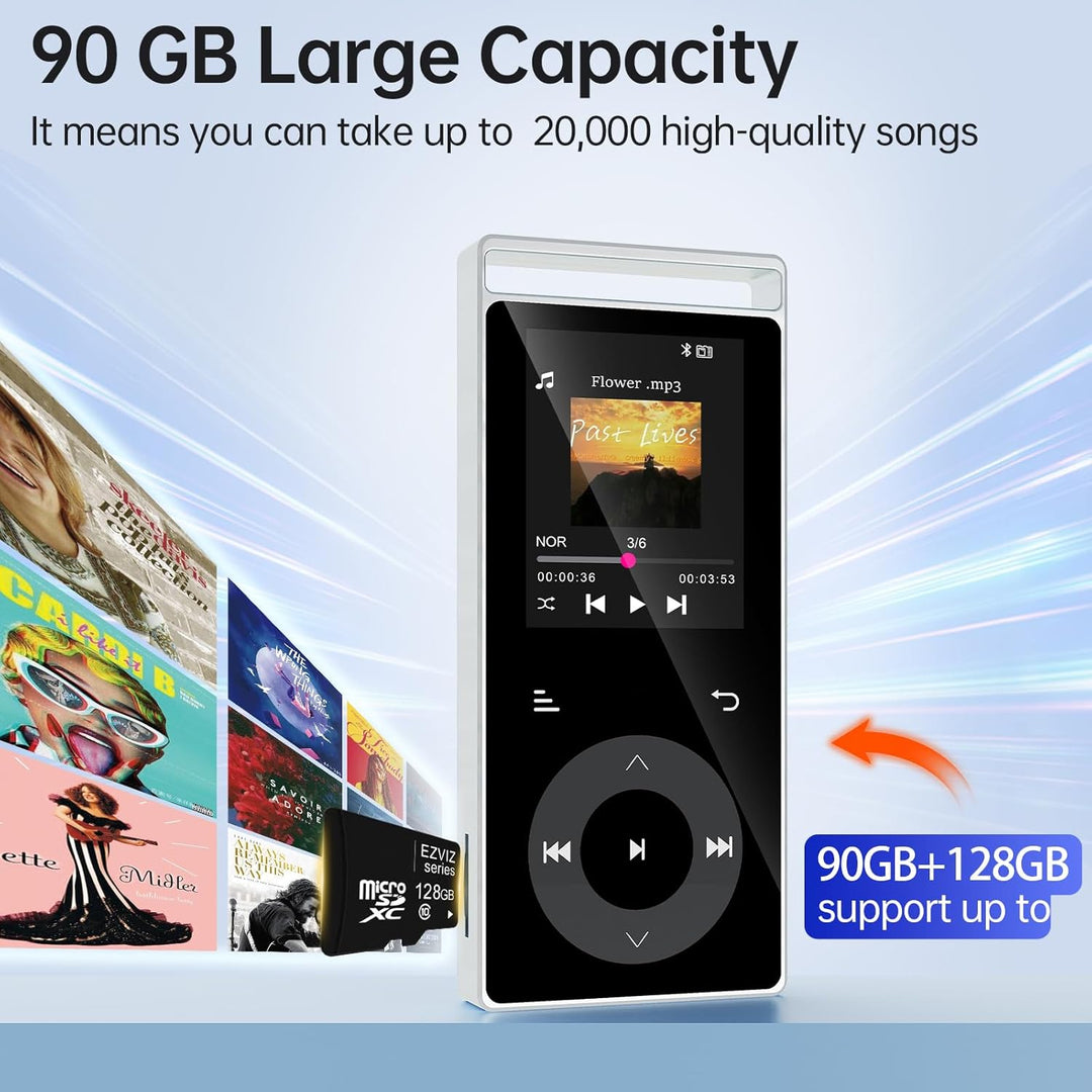 90GB MP3 Player Bluetooth 5.3, MP3-Player mit HiFi-Sound Touch-Tasten | MP3 mit Musik, Farbdisplay,