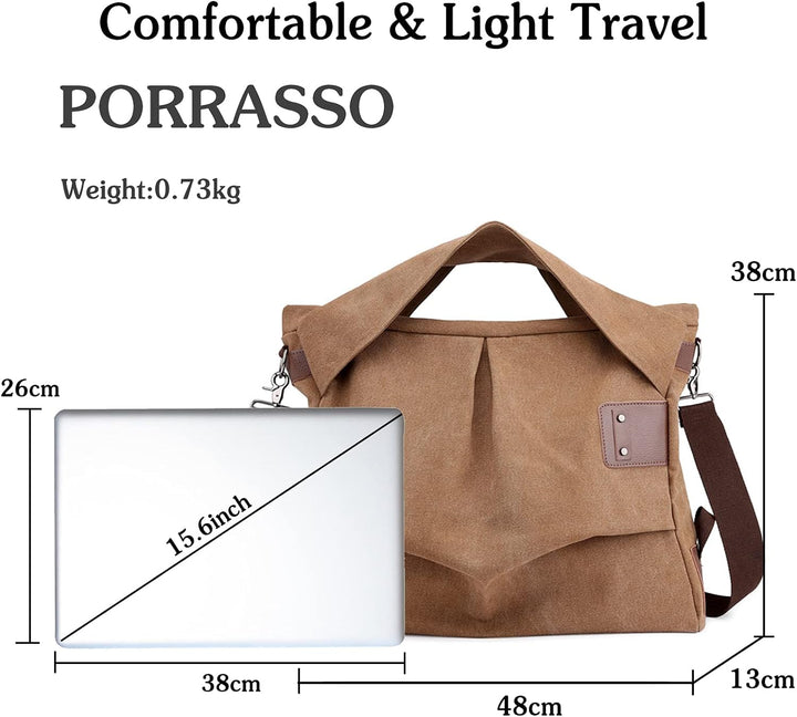 PORRASSO Damen Umhängetasche Casual Schultertasche Grosse Handtasche Frauen Canvas Shopper Tasche fü
