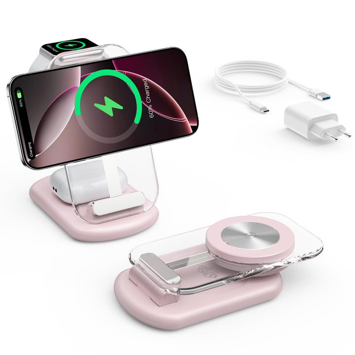 3 in 1 Induktive Ladestation Kompatibel mit Mag Safe Ladegerät Rosa