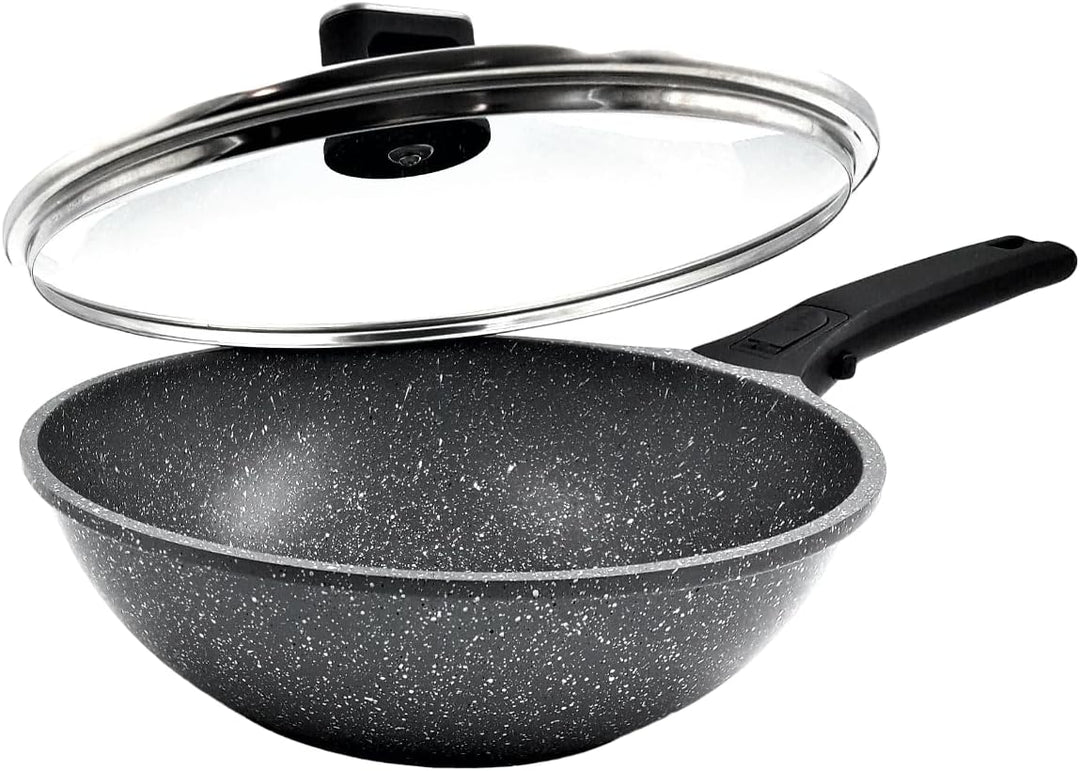 Wok-Pfannen in Steinoptik mit Deckel, hochwertig, antihaftbeschichtet, für alle Herdarten geeignet,