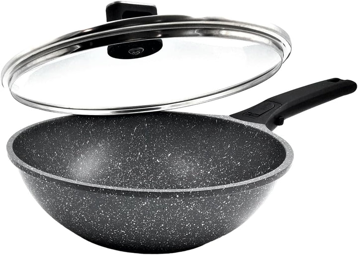Wok-Pfannen in Steinoptik mit Deckel, hochwertig, antihaftbeschichtet, für alle Herdarten geeignet,